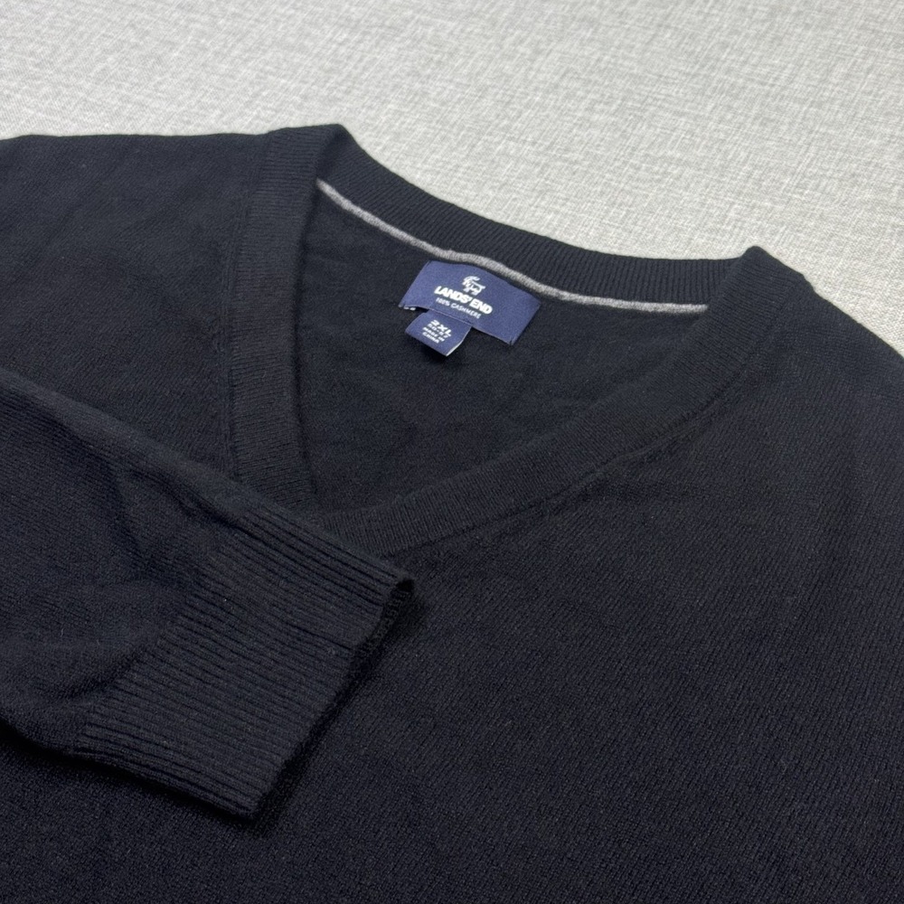 Lands' End Cashmere Sweater Pullover Mens 2XL Black V-Neck Soft Long Sleeve